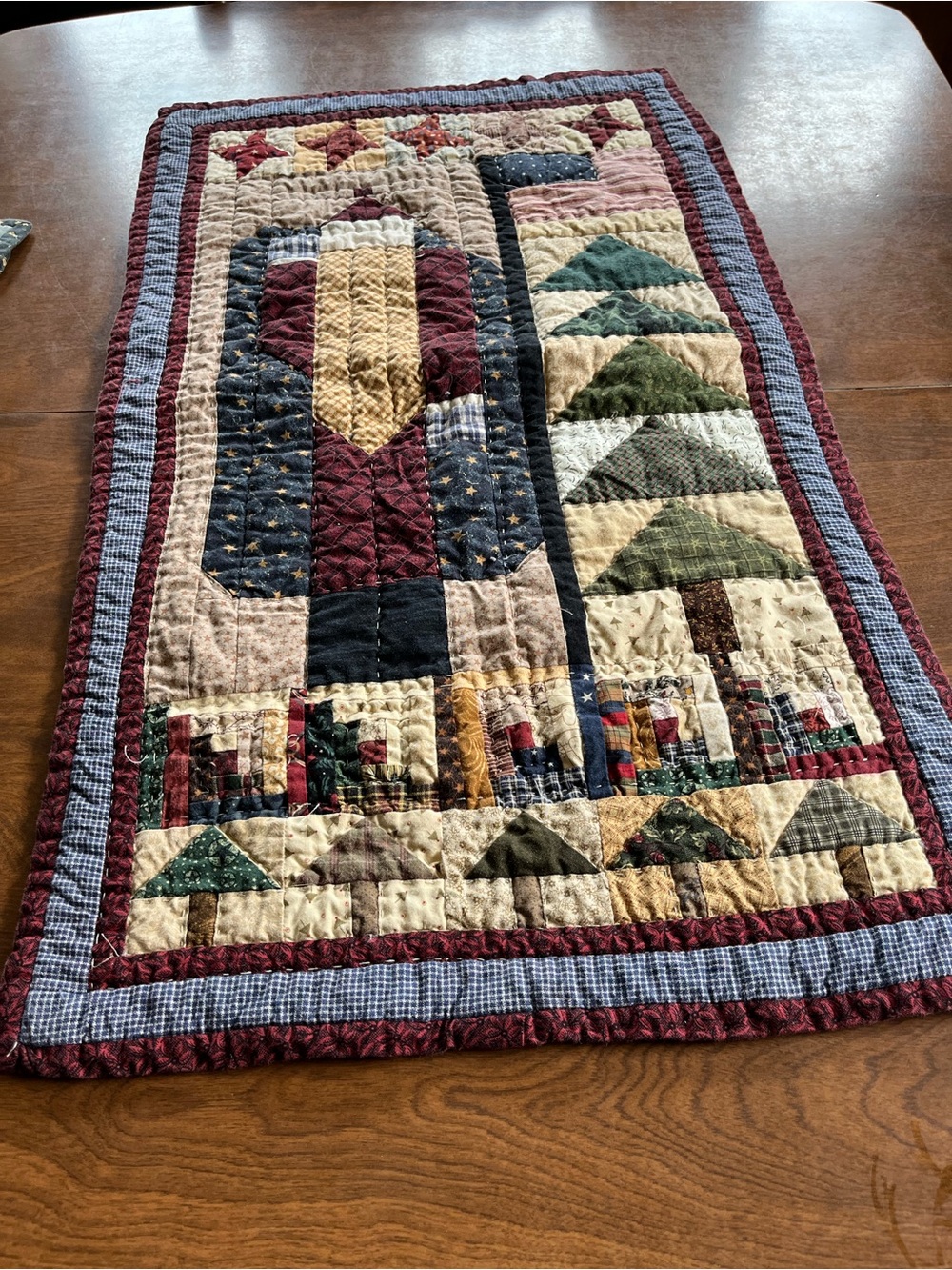 Handmade Holiday Patchwork Table Runner in Red, Green, Blue